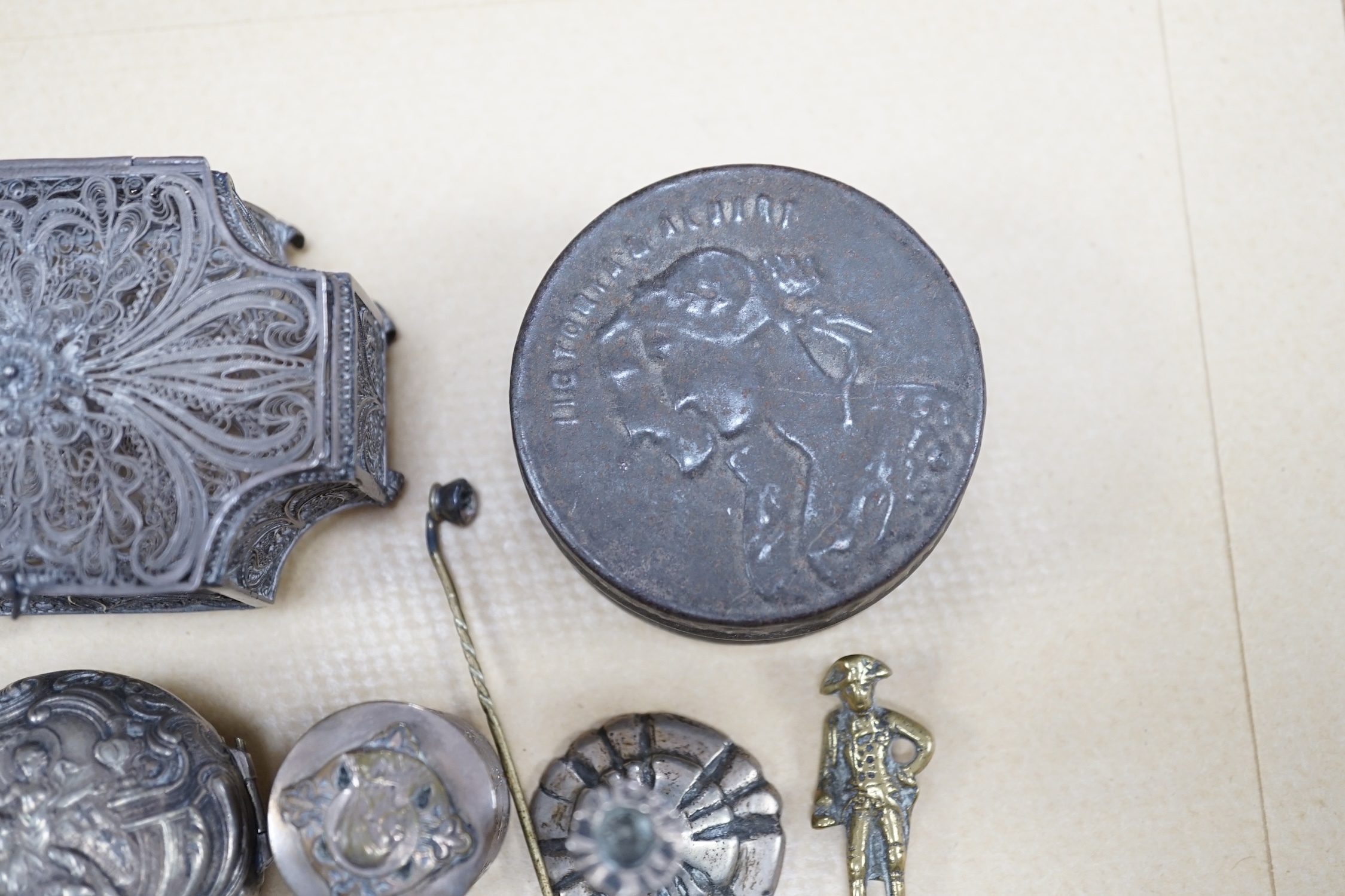 Objects of vertu and jewellery to include a carved coral stick, a pair of miniature candlesticks, a gilt metal shoe buckle, a Scottish hardstone anchor brooch and a Tunbridge ware stamp case. Condition - varies